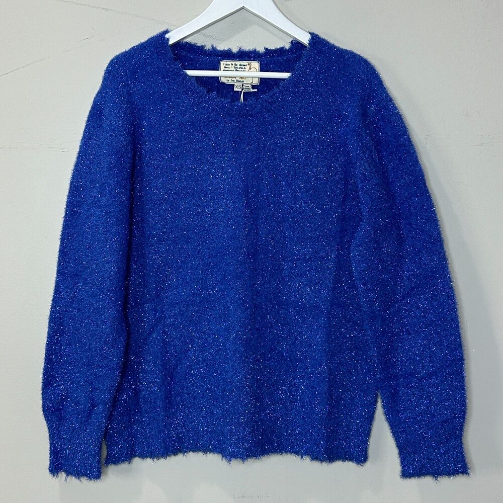Sandrine Rose Pullover Long Sleeve Raw Hem Sweater Blue Metallic Women's XS NWT